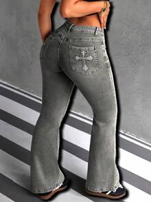 SHEIN PETITE Women's Pocket Button Cross Pattern Casual Versatile Flare Leg Jeans, Suitable For Daily Wear - Light Grey - View 2