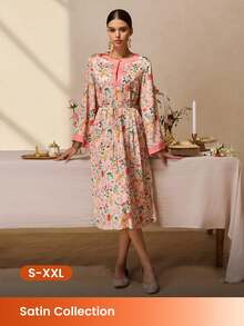 LUVLETTE Camisón largo de manga larga con estampado floral rosa para mujer - Vestido de dormir de satén con ribete de contraste y cintura con cordón, ropa de estar en casa para primavera y otoño, pijamas para mujeres - Rosa - Ver 1