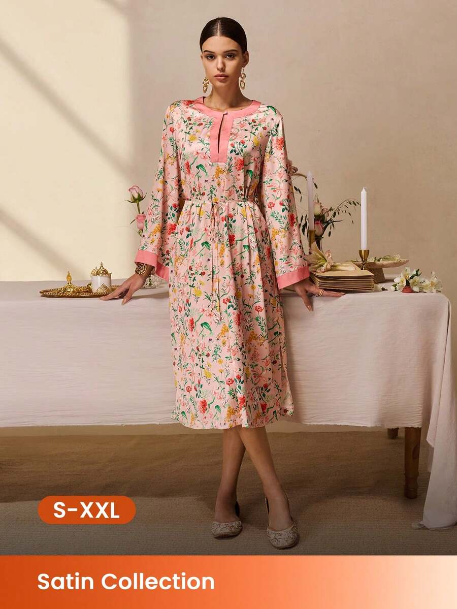 LUVLETTE Camisón largo de manga larga con estampado floral rosa para mujer - Vestido de dormir de satén con ribete de contraste y cintura con cordón, ropa de estar en casa para primavera y otoño, pijamas para mujeres - Rosa - Ver 1