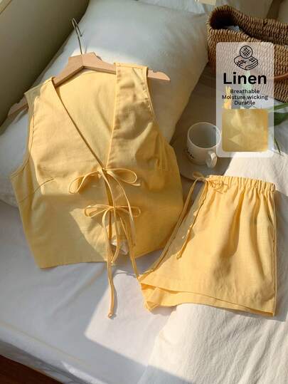 Comfortcana Women Yellow Line Breathable CottonSummer Solid Color Front Tie Tank Top And Shorts Set 2026 New Arrival Spring/Summer Fashionable  Summer Outfits For Women  Beach Outfit Going Out Vacation Outfits Women Casual Set For Women Y2K  2000s Style   Summer Outfits For Women Spring Spring Break Outfits  Spring Clothes Women  Vacation Graduation Dress Women  Wedding   Party  Ceremony  Elegant  Vacation Outfits Women Beach Vacation Outfits For Women  Casual Casual Women's Bottoms  For Women , Valentine's Day, Carnival, Beach, Holiday, Home Leisure, Street, College, American Vintage Casual Summer Two Piece Set Linen Two Piece Set Yellow Two Piece Set Butter Yellow Clothes Lemon Clothes