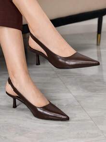 Sleekvia Tacones de aguja de tacón de gatito para mujer, zapatos de trabajo de piel sintética con correa de hebilla, marrón café - Marrón - Ver 1