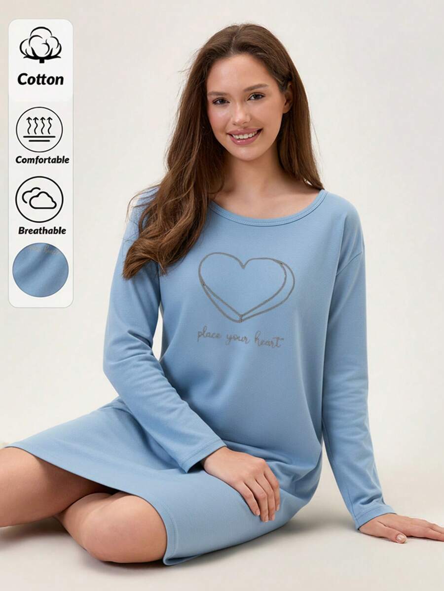 Loomlin Women Cotton Blue Grey HeartLettered Round Neck Printed Long Sleeve Pajama Dress Home House Sleeping Autumn Casual - Baby Blue - View 1