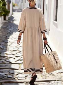 Breezaya 女士V领褶皱休闲度假日常连衣裙 - 杏色 - 查看 2