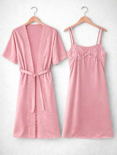 Conjunto de dos piezas para mujer que incluye una bata sexy romantic de talla única, con un diseño de cordones y un camison.