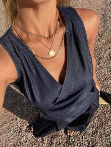 DAZY Women's Casual Washed Pleated Tie Strap Vest And Wide Leg Jeans Pants Suit, Spring/Summer - Blue - View 6