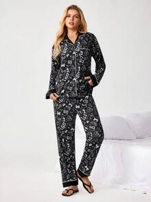 MONOPOLY X SHEIN Women's Geometric Print Single-Breasted Long Sleeve Top And Wide-Leg Pants Casual Loungewear Set - Black - View 5