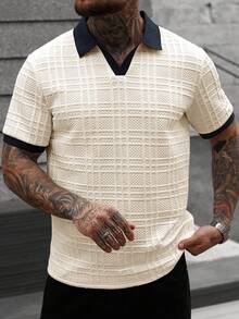 Manfinity CasualCool Men's Casual Textured Trim Short Sleeve Polo Shirt, Summer - Khaki - View 3