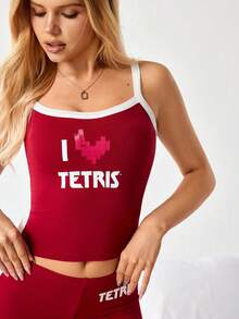 Tetris™ X SHEIN 女士舒适字母印花吊带背心短裤睡衣套装，夏季 - 紅白色 - 查看 5