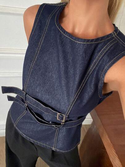 Livesso Women's Sleeveless Solid Color Belted Denim Crop Top