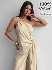 Firerie 优雅纯色精致休闲日常通勤新款街头时尚100%纯棉两件套女装，智能可调节腰部褶皱衬衫和裤子套装，新款简约优雅日常通勤杏色竹纤维V领上衣配腰带和高腰直筒阔腿裤套装，女士夏季棉质休闲套装 - 杏色 - 查看 11