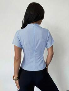 Firerie Blusa de bambú y lino de color albaricoque con cuello arrugado, mangas asimétricas, fruncido lateral y cintura ceñida, para uso diario, para todas las estaciones - Azul y blanco - Ver 7