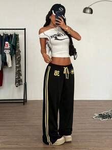 Muchica Black Knit Printed Casual Collegiate Style Pants,Summer Outfits For Women , Women's Joggers - Black - View 4