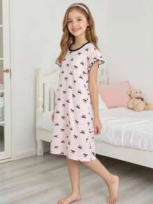 Girls Casual Butterfly Print Ruffle Trim Short Sleeve Nightgown - Pink - View 1