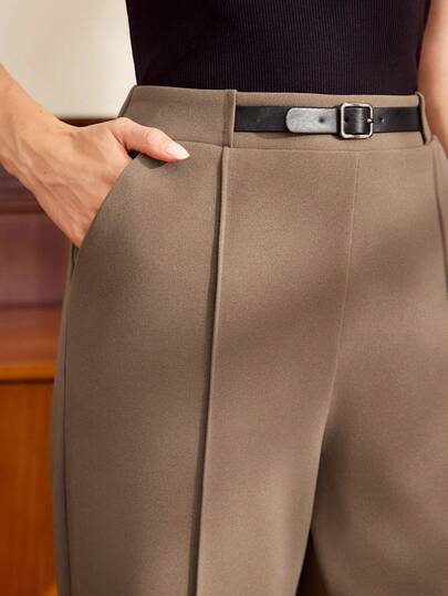 Vintamour Vintage Classic Elegant Women's Pants, Spring/Summer Fitted Waist Pants, Brown Straight Leg Pants With Pockets