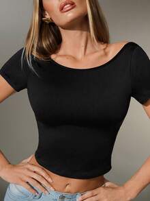 Nuvra 1pc Women's Black Comfortable Fabric Sexy Backless Design T-Shirt - Black - View 2