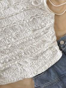 SHEIN 少女时尚优雅不对称领短袖上衣 - 米色 - 查看 4