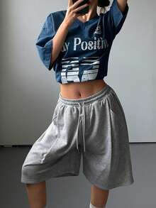 DAZY Pantalones deportivos casuales de mujer con pliegues sueltos y unicolor, primavera - Gris Claro - Ver 6