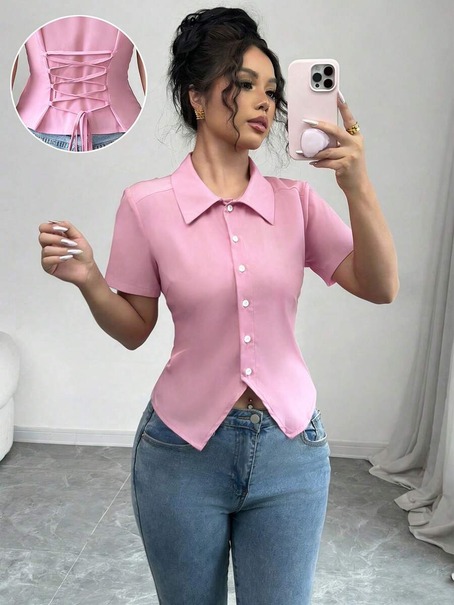 Selianne 女士大领衬衫，褶裥设计，红色，收腰，灯笼袖，复古风格，百搭 - 淺粉色 - 查看 1