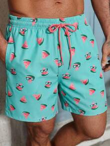 Manfinity Swimmode Pantalones cortos de playa con estampado de sandía y cordón en la cintura para hombres en verano - Multicolor - Ver 1