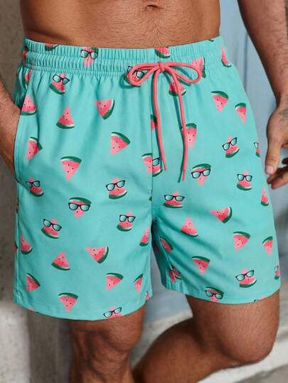 Manfinity Swimmode Men's Summer Vacation Drawstring Waist Watermelon Print Beach Shorts Men Watermelon Shorts Watermelon Swim Trunks