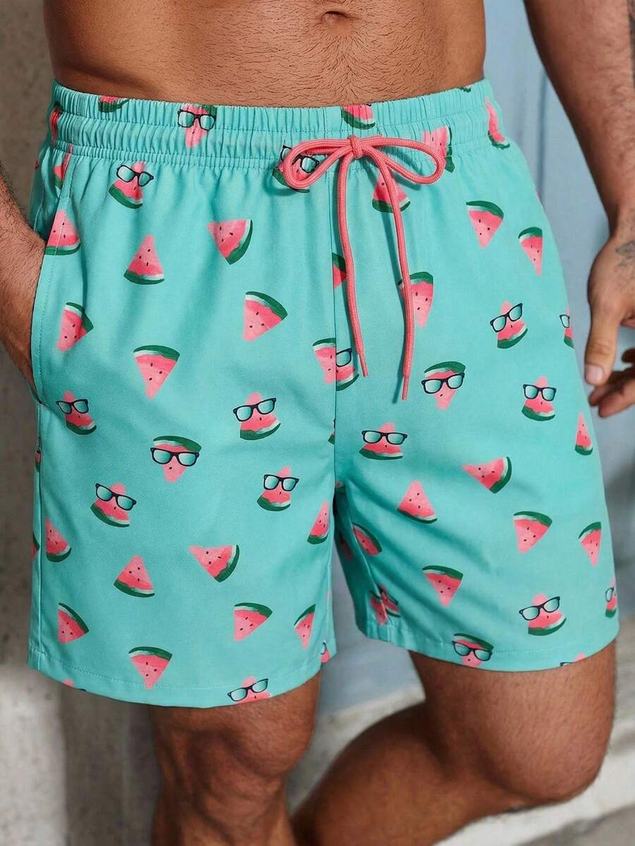 Manfinity Swimmode Pantalones cortos de playa con estampado de sandía y cordón en la cintura para hombres en verano - Multicolor - Ver 1