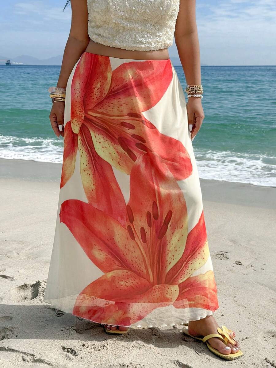 GalTyme Plus Size Floral Print Skirt For Beach/Resort,For Daily Commute,Date, Commute, Party,Fall /Autumn/Winter/Summer,Christmas,New Year,Thanksgiving,Party,Wedding,Beach,Graduati,Chic,Elegant,Casual,Going Out,Date,Appointment,Commute,Shining,Valentine's Day,Elegant ,Vacation,Casual,Y2k,Going Out,Graduation,Beach - Yellow - View 1