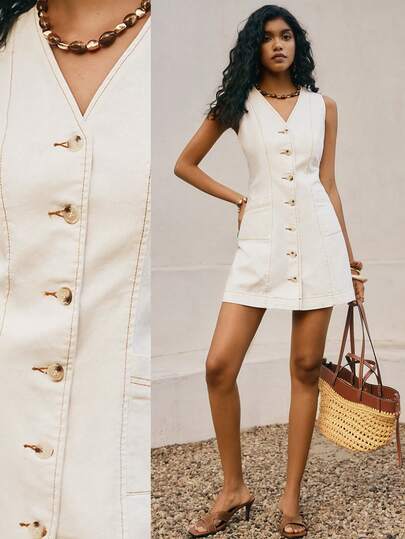 Poéselle Women's V-Neck Single-Breasted Dual Pocket Casual Sleeveless Denim Dress