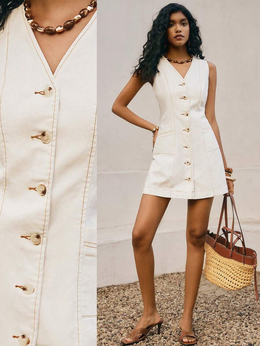 Poéselle Women's V-Neck Single-Breasted Dual Pocket Casual Sleeveless Denim Dress - White - View 1