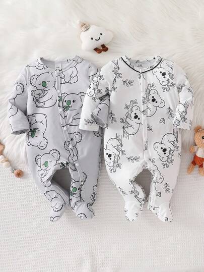 2 Stücke süßer Tier-Muster Homewear Set für Neugeborene, niedliches Tier-Design, sanfte Farbpalette, Langarm süßer Tier Homewear 2-teiliges Set, Social Media Stil, süßes Tier, Urlaubsessenzial, ganzjähriges süßes Tier Homewear Set für Neugeborene, Kleinkind Cartoon Bekleidung