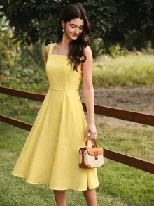 Vintamour 复古优雅女士连衣裙，带口袋和纽扣，休闲度假夏季服装，女士度假装，浪漫连衣裙，夏季连衣裙，沙滩装，90年代服装，优雅夏季服装，春季服装，春季连衣裙，夏季度假连衣裙，沙滩裙，太阳裙，复活节连衣裙，夏季服装，休闲连衣裙，黄色连衣裙 - 鵝黃色 - 查看 3