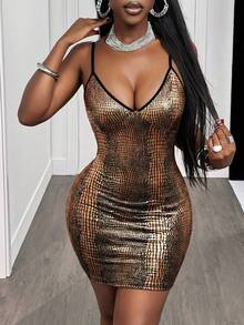 SHEIN BamGlam Váy hai dây ngắn in họa tiết da rắn dành cho nữ - Vàng - Xem 7