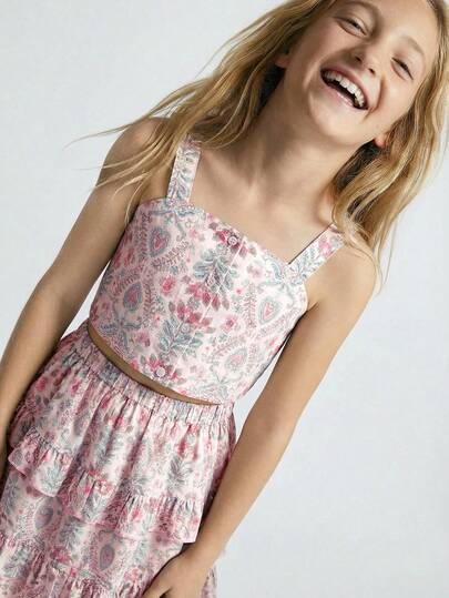 Maija Kids Maija Kids 2pcs Tween Girls Casual Vintage Boho Style Adjustable Cropped Camisole & Layered Ruffle Hem Printed Mini Skirt Set, Versatile For Casual Outings, Gatherings, Holidays, Summer & Spring