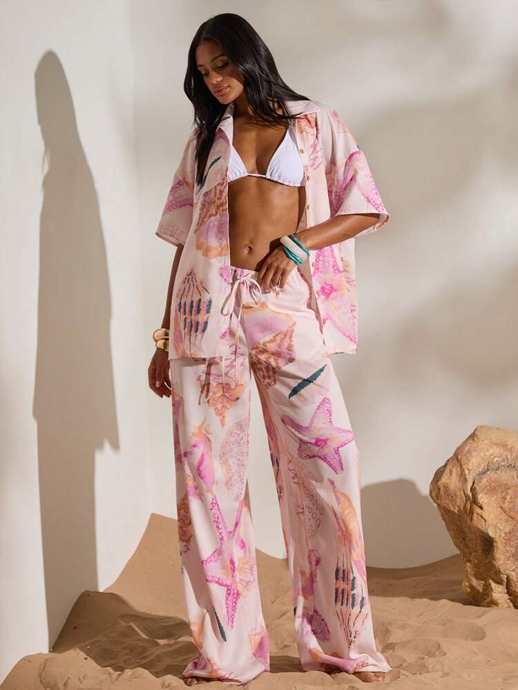 Opulessa Summer Spring Elegant Casual Going Out Beach Vacation Printed Loose Women's Pants, Elegant Seashell Print, Spring Summer Vacation - Pink - View 4