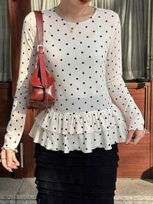FRIFUL Women's Polka Dot Round Neck Pleated Fashionable Versatile Daily Wear Long Sleeve Top - Beige - View 2
