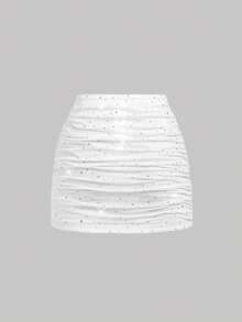 SHEIN MOD 女士两件套亮面褶皱半身裙，时尚派对装扮 - 黑與白 - 查看 8