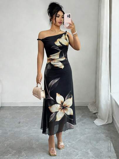 Rafferiza Đầm midi nữ in hoa, xếp ly, bất đối xứng