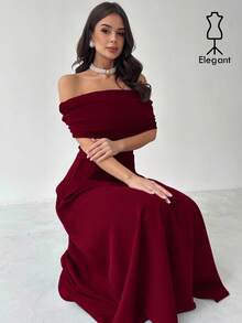 Firerie 女士优雅简约精致浪漫时尚派对度假通勤露肩高腰 A 字长裙，灰色长裙 - 酒紅色 - 查看 1