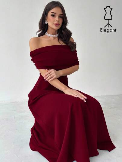 Firerie فستان طويل ماكسي رمادي بخط A، أنيق ، بسيط ، متأنق ، رومانسي ، للحفلات والعطلات والتنقل، برقبة مكشوفة وخصر عالٍ