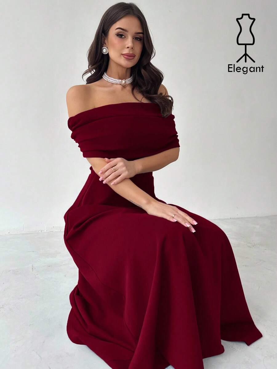 Firerie 女士优雅简约精致浪漫时尚派对度假通勤露肩高腰 A 字长裙，灰色长裙 - 酒紅色 - 查看 1