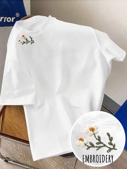 Manfinity Joysei 宽松小众设计，简约风格升级，清新花卉刺绣领口，休闲男士短袖T恤，男士衬衫，女士衬衫