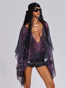 ROMWE Spring/Summer Y2K Sexy Chic Crystal Chain Decor Women's Deep Draped Neck Backless Flare Sleeve Blouse - Purple - View 5