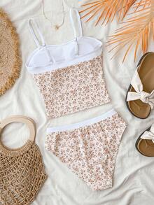 SHEIN Teen Girls Ditsy Floral Halter Bikini Sets, Conservative Swimwear Sets For Beach Holiday Modest Two Piece Swimsuit Vacation Two Piece Set Girls Modest Bikini Set Summer Matching Set High Waisted Bikini Set - Apricot - View 2