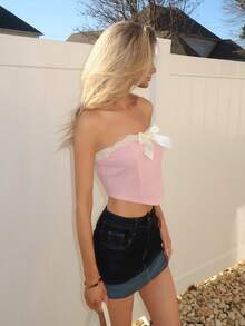 Sydney Algeri 浪漫粉色紧身胸衣约会夜上衣蝴蝶结前褶饰边头巾下摆短款抹胸上衣 - 淺粉色 - 查看 6