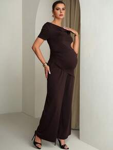 MaterniChic Maternity Clothes Maternity Co Ord Summer Pregnant Clothes Brown Two-Piece Set Highly Elastic  Elegant - Brown - View 5