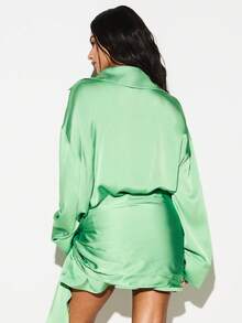 KIZN Satin Button Down Shirt Dress With Tie Belt Long Sleeve Collared Mini Dress Party Cocktail Evening Wear - Green - View 2
