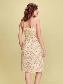 lacRébo Rochie midi galbenă cu imprimeu floral și detalii din dantelă, rochie de vară, primăvară-vară, stil francez, stil parizian - Galben - Vizualizare 2