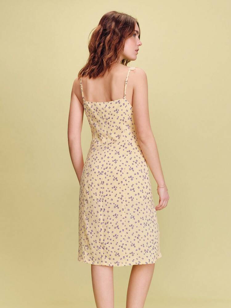 Yellow Midi Slip Dress With Flower Print And Lace Trims Details Summer Dress Spring Summer French Style Parisian Style Vacation Dress Resort Dress Holiday Dress