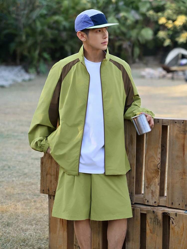 Men's Solid Color Zip-Up Jacket And Shorts Casual Outfit