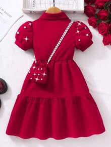 Robe rouge unie confortable pour jeune fille, pour l'école, les activités extérieures, les fêtes, avec col, manches bouffantes, cardigan, comprend un mini sac, été - Rouge foncé - Voir 2
