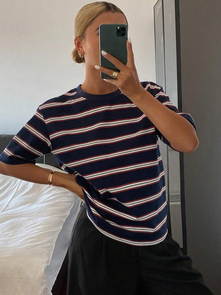 DAZY Women's Striped Crew Neck Casual Versatile Daily Wear Short Sleeve T-Shirt Summer - Navy Blue - View 1